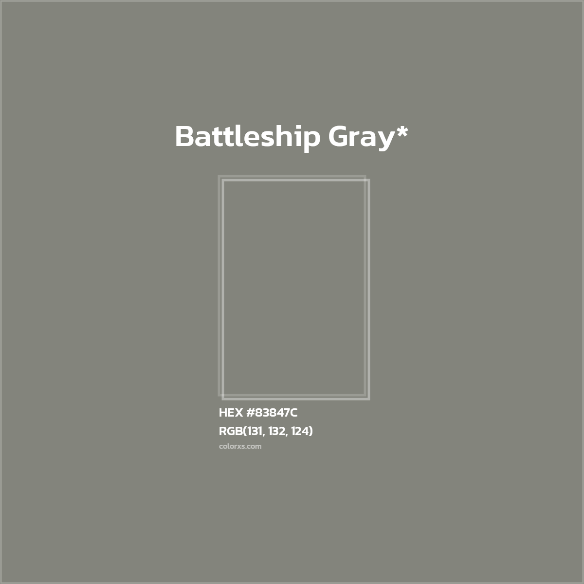 #83847C hex color. RGB, RYB, CMYK, HSL, HSV codes and color conversions. Matching color names, palettes, paints.