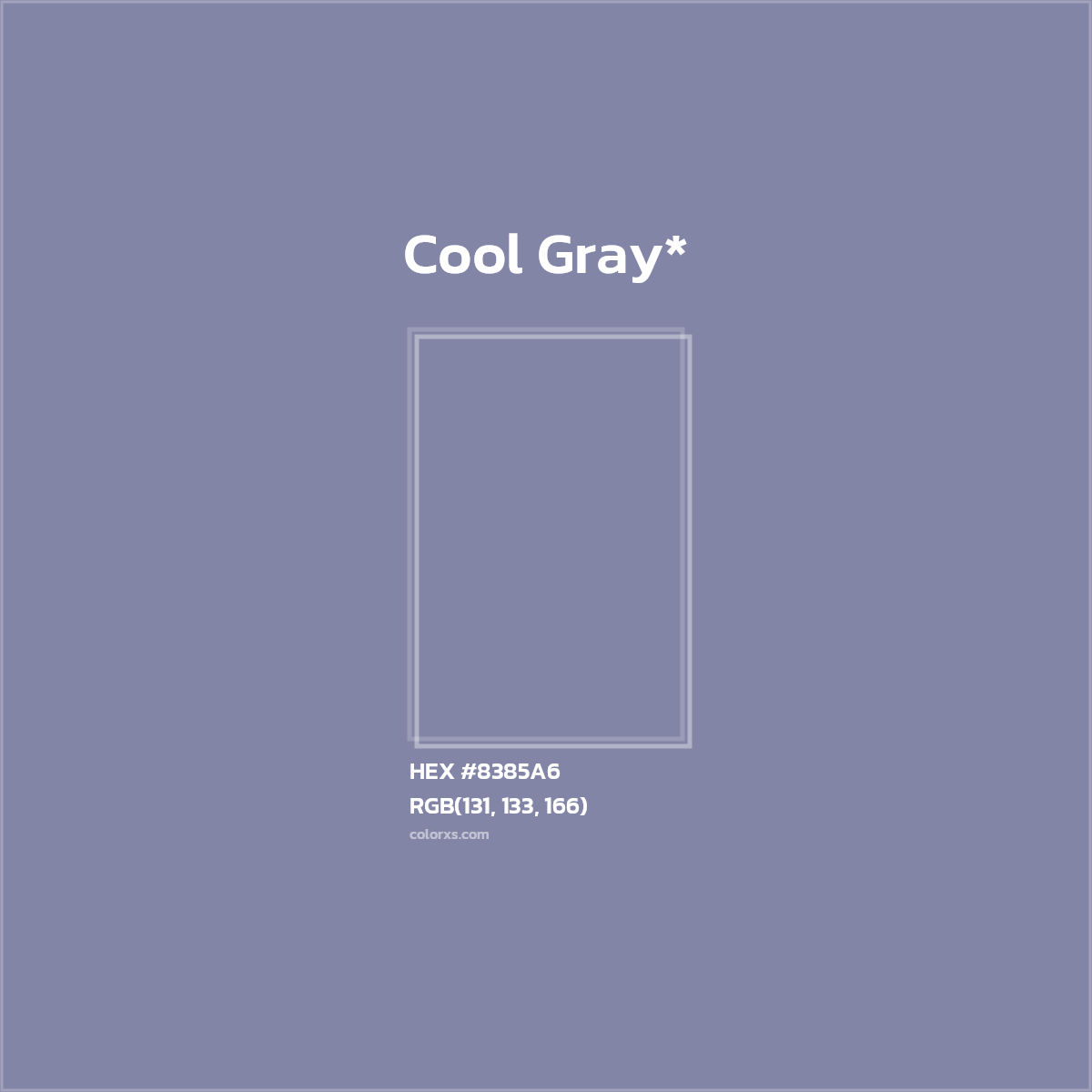 #8385A6 hex color. RGB, RYB, CMYK, HSL, HSV codes and color conversions. Matching color names, palettes, paints.