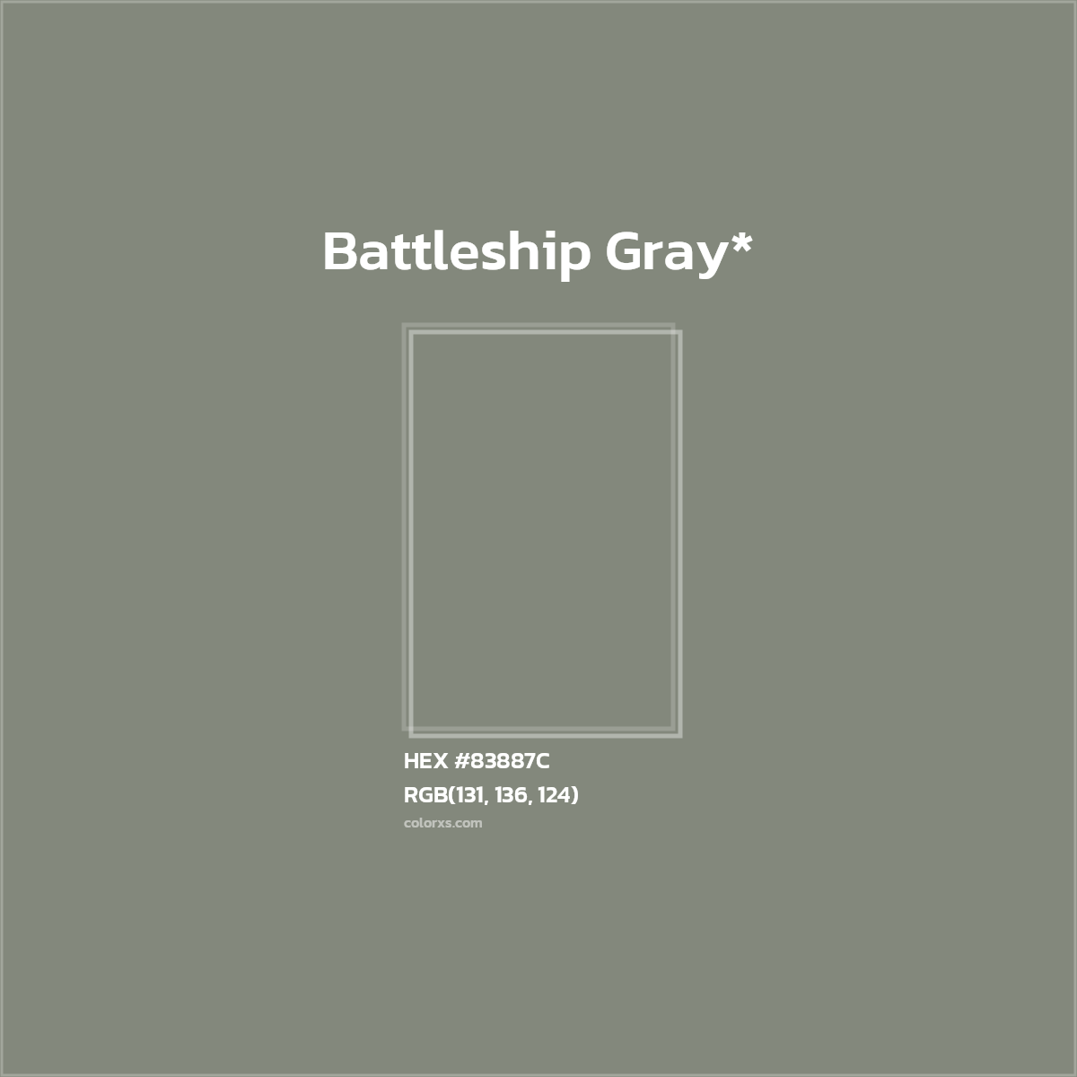 #83887C hex color. RGB, RYB, CMYK, HSL, HSV codes and color conversions. Matching color names, palettes, paints.