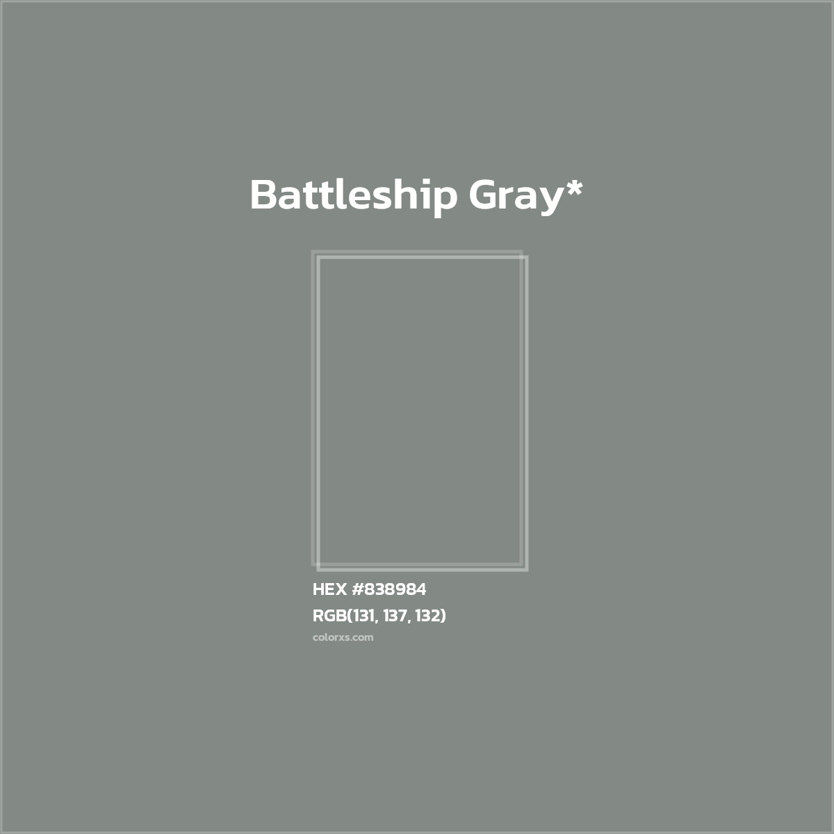 #838984 hex color. RGB, RYB, CMYK, HSL, HSV codes and color conversions. Matching color names, palettes, paints.