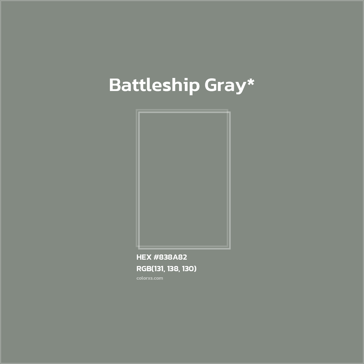#838A82 hex color. RGB, RYB, CMYK, HSL, HSV codes and color conversions. Matching color names, palettes, paints.