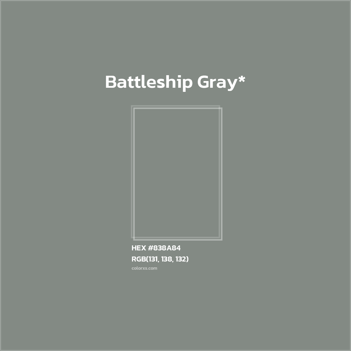 #838A84 hex color. RGB, RYB, CMYK, HSL, HSV codes and color conversions. Matching color names, palettes, paints.