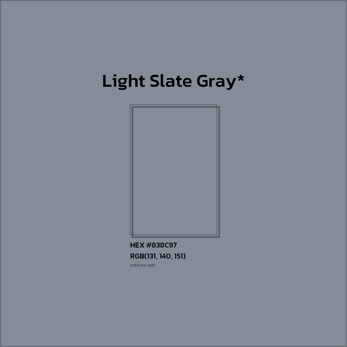 #838C97 hex color. RGB, RYB, CMYK, HSL, HSV codes and color conversions. Matching color names, palettes, paints.