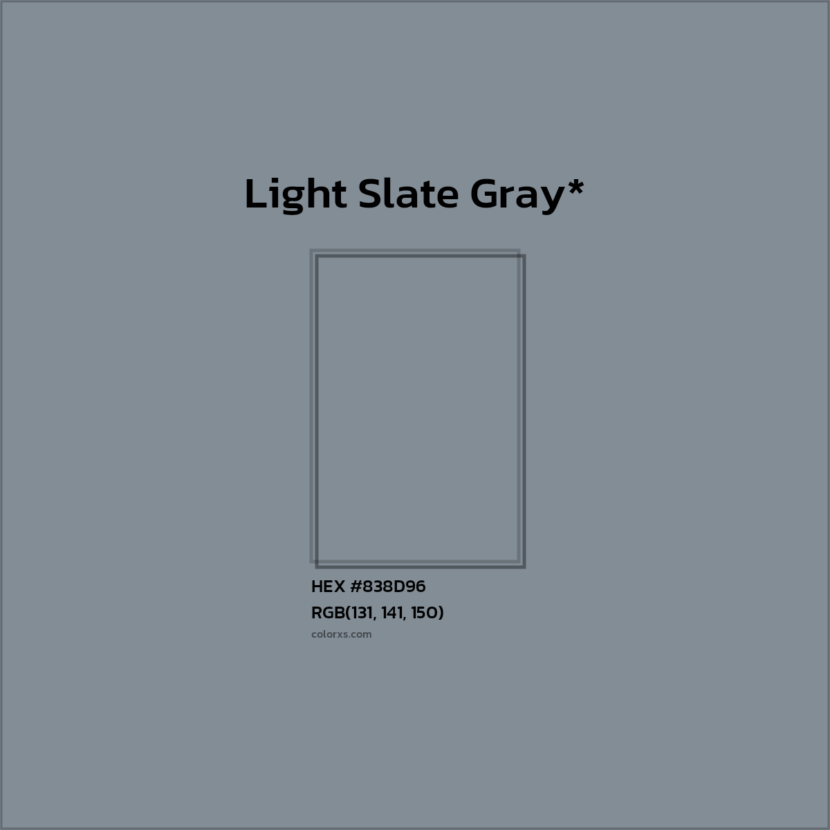 #838D96 hex color. RGB, RYB, CMYK, HSL, HSV codes and color conversions. Matching color names, palettes, paints.