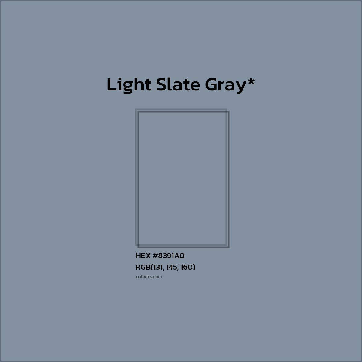 #8391A0 hex color. RGB, RYB, CMYK, HSL, HSV codes and color conversions. Matching color names, palettes, paints.