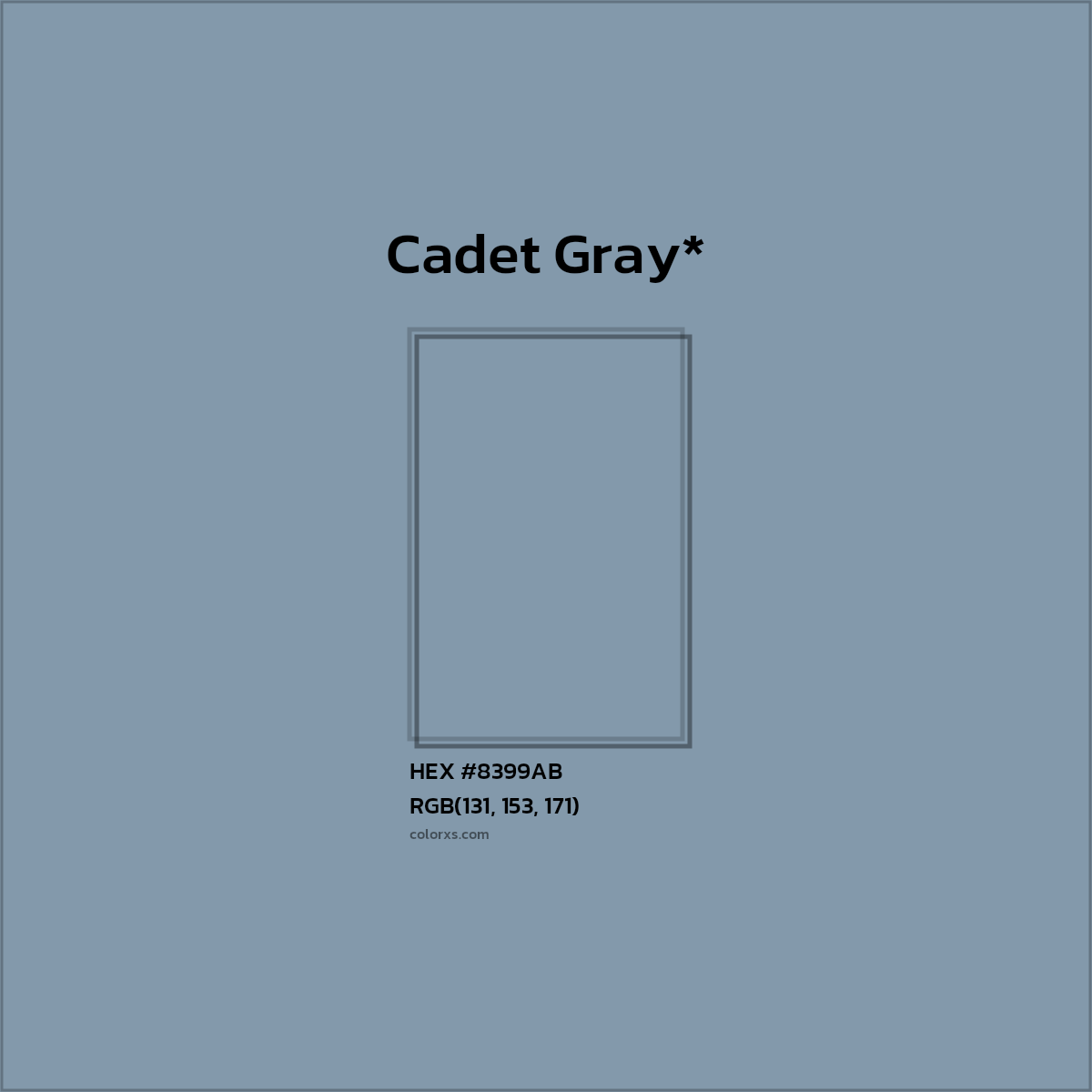 #8399AB hex color. RGB, RYB, CMYK, HSL, HSV codes and color conversions. Matching color names, palettes, paints.