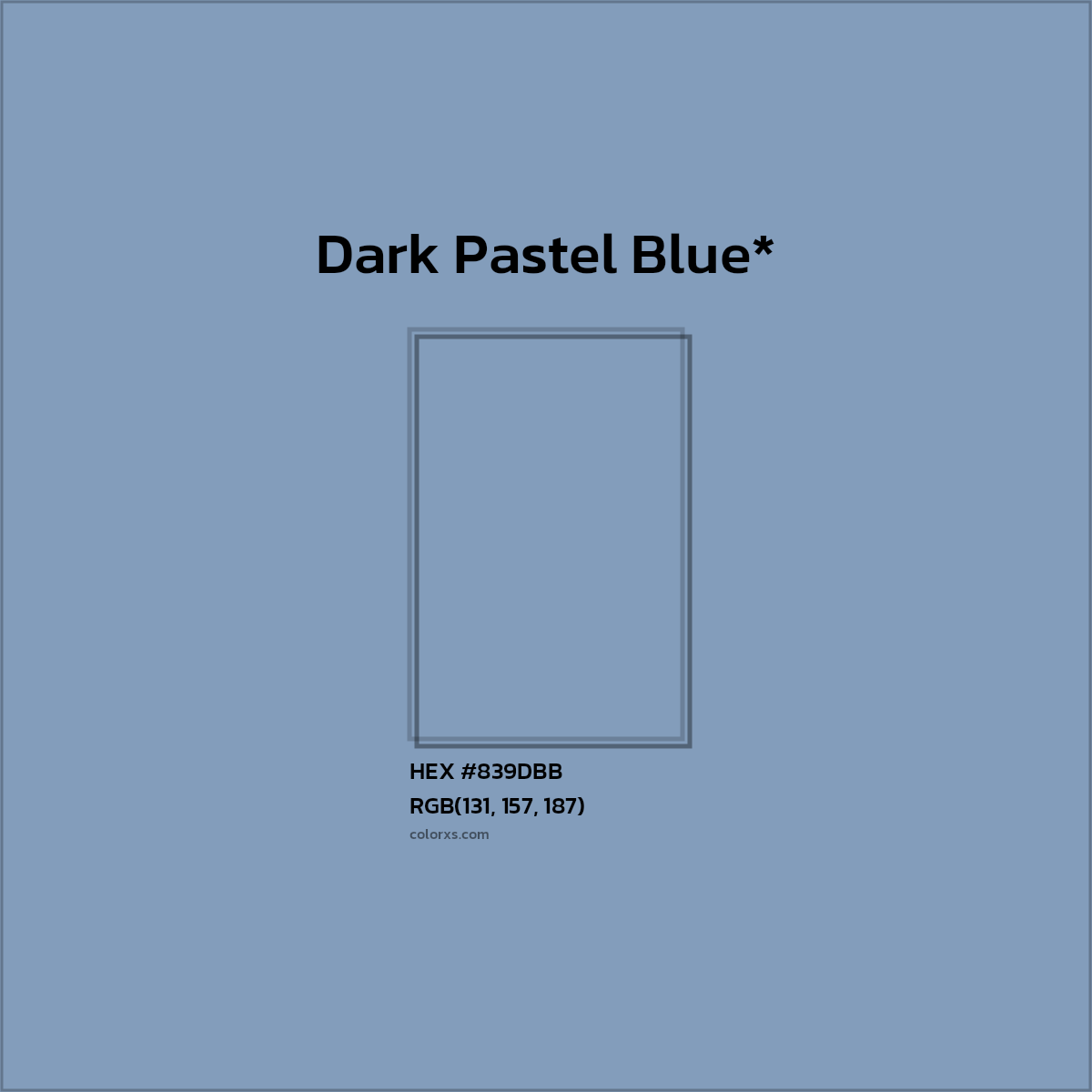 #839DBB hex color. RGB, RYB, CMYK, HSL, HSV codes and color conversions. Matching color names, palettes, paints.