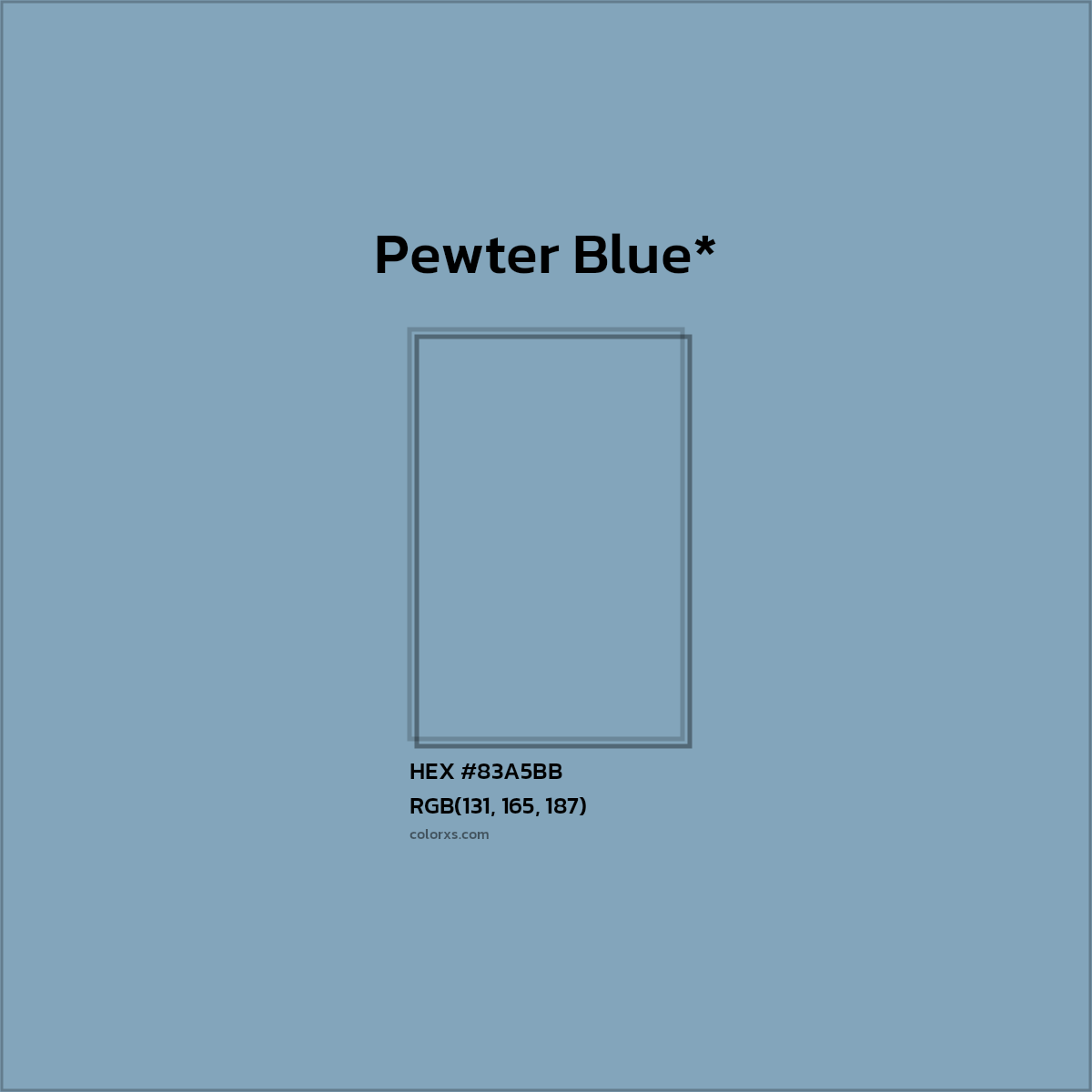 #83A5BB hex color. RGB, RYB, CMYK, HSL, HSV codes and color conversions. Matching color names, palettes, paints.
