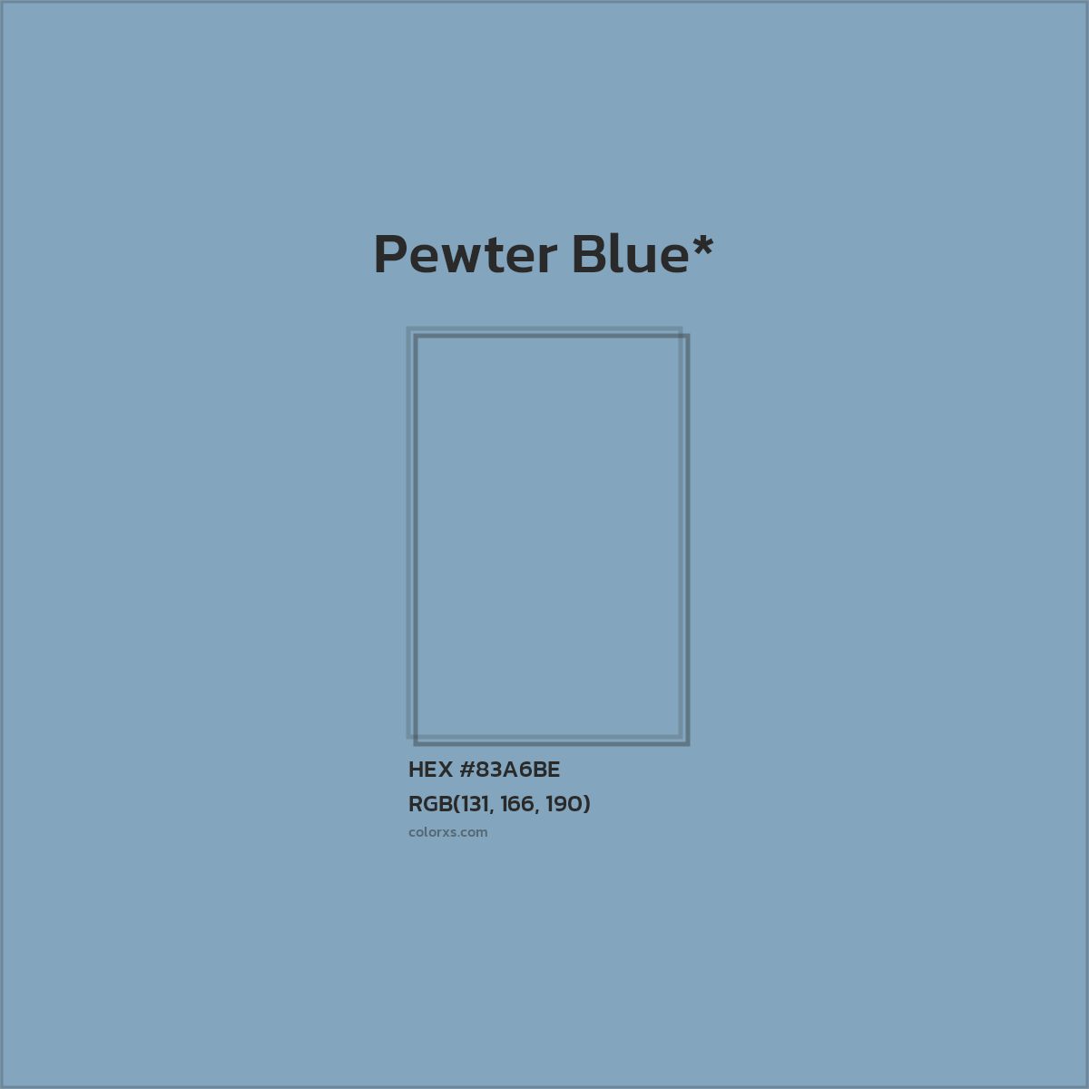 #83A6BE hex color. RGB, RYB, CMYK, HSL, HSV codes and color conversions. Matching color names, palettes, paints.