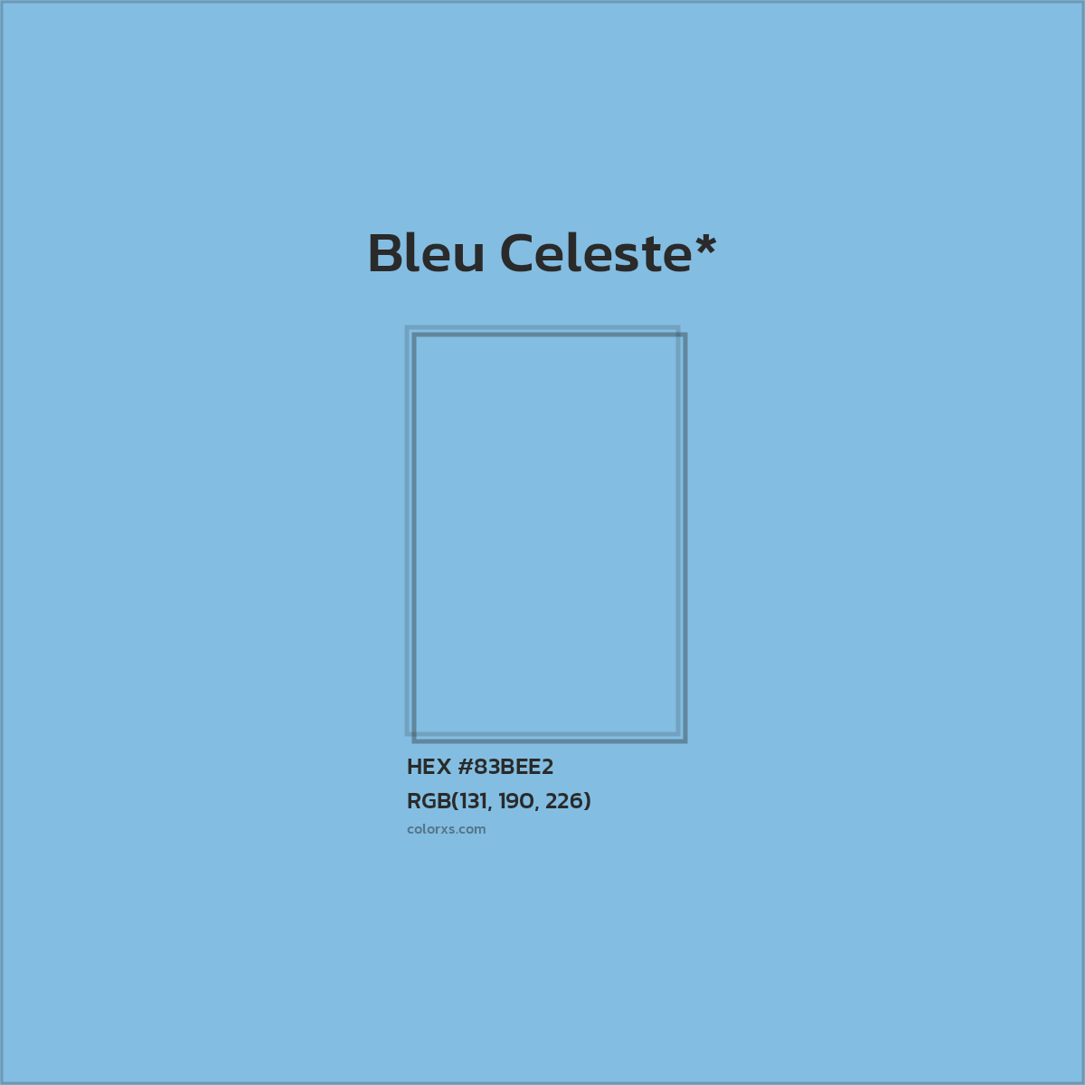 #83BEE2 hex color. RGB, RYB, CMYK, HSL, HSV codes and color conversions. Matching color names, palettes, paints.