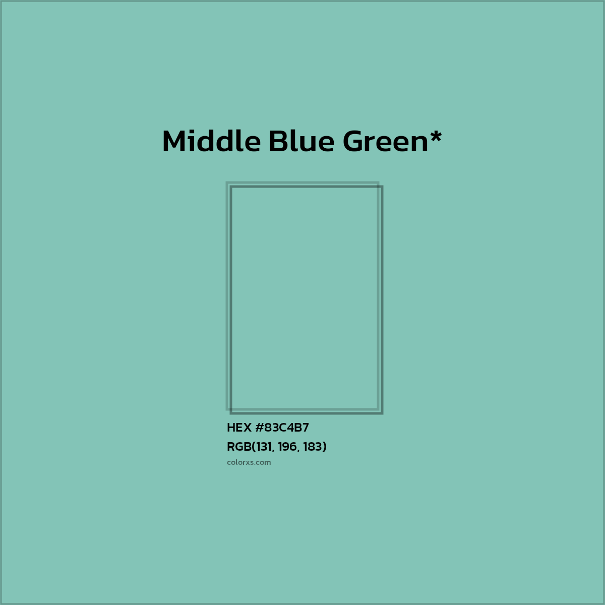 #83C4B7 hex color. RGB, RYB, CMYK, HSL, HSV codes and color conversions. Matching color names, palettes, paints.