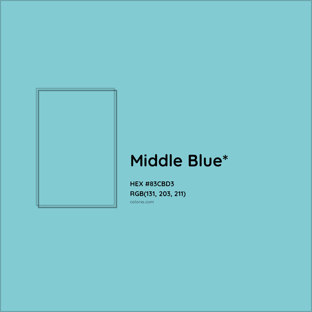 #83CBD3 hex color. RGB, RYB, CMYK, HSL, HSV codes and color conversions. Matching color names, palettes, paints.