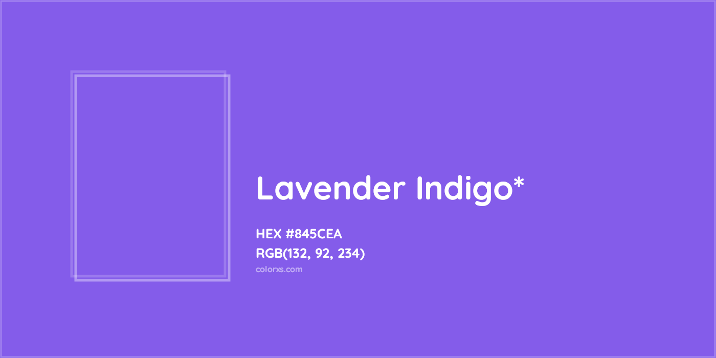#845CEA hex color. RGB, RYB, CMYK, HSL, HSV codes and color conversions. Matching color names, palettes, paints.