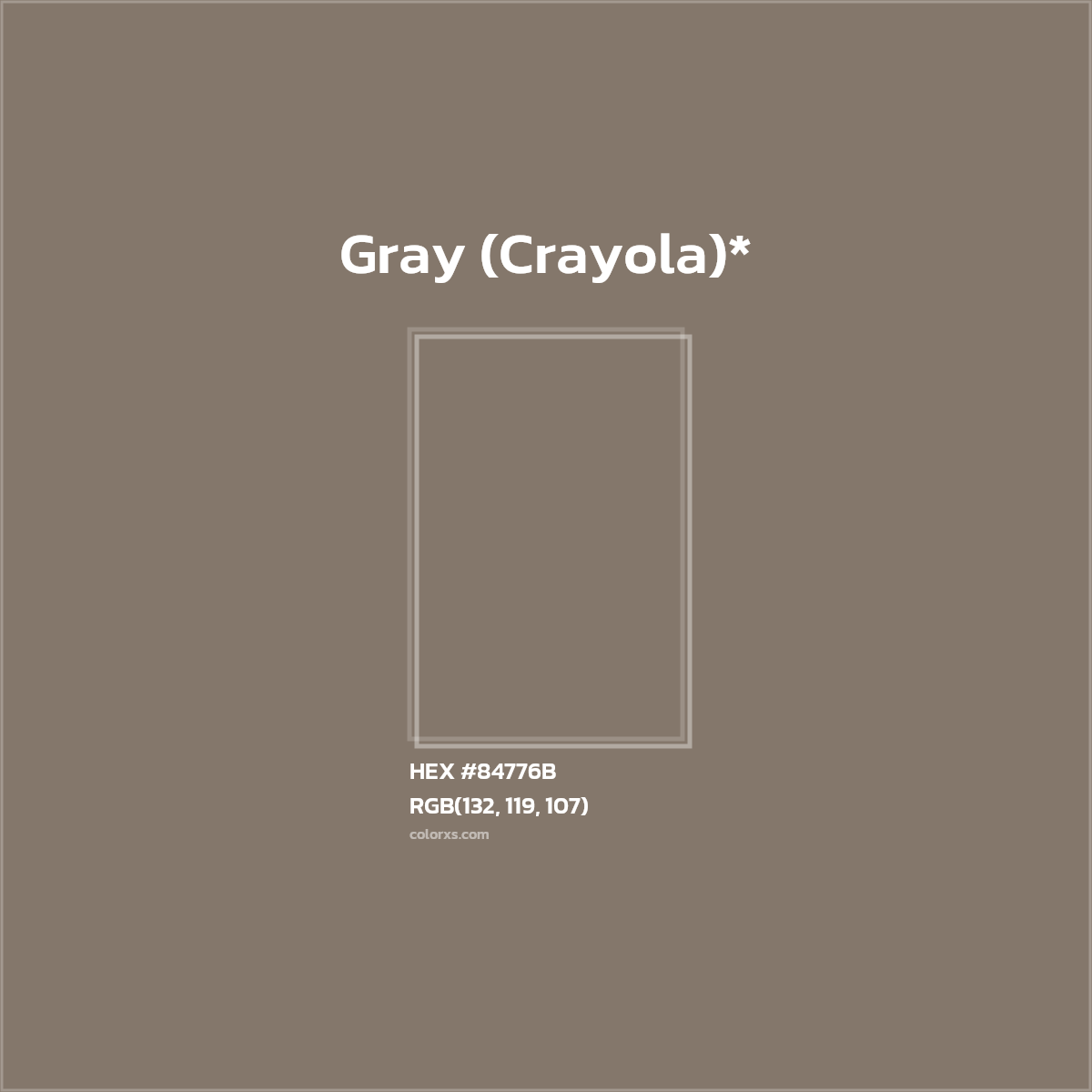 #84776B hex color. RGB, RYB, CMYK, HSL, HSV codes and color conversions. Matching color names, palettes, paints.