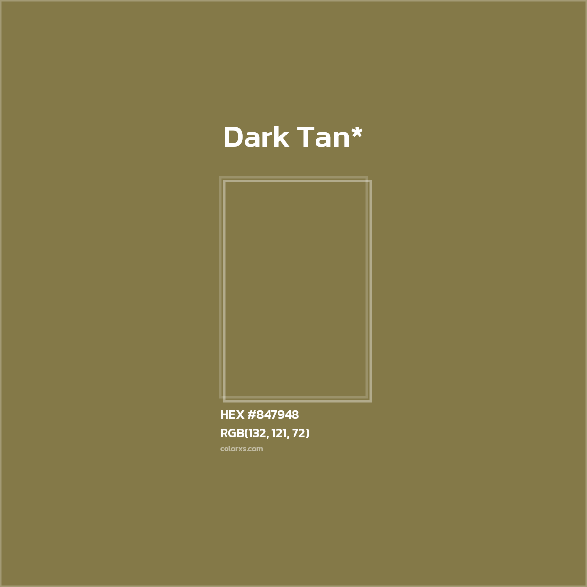 #847948 hex color. RGB, RYB, CMYK, HSL, HSV codes and color conversions. Matching color names, palettes, paints.