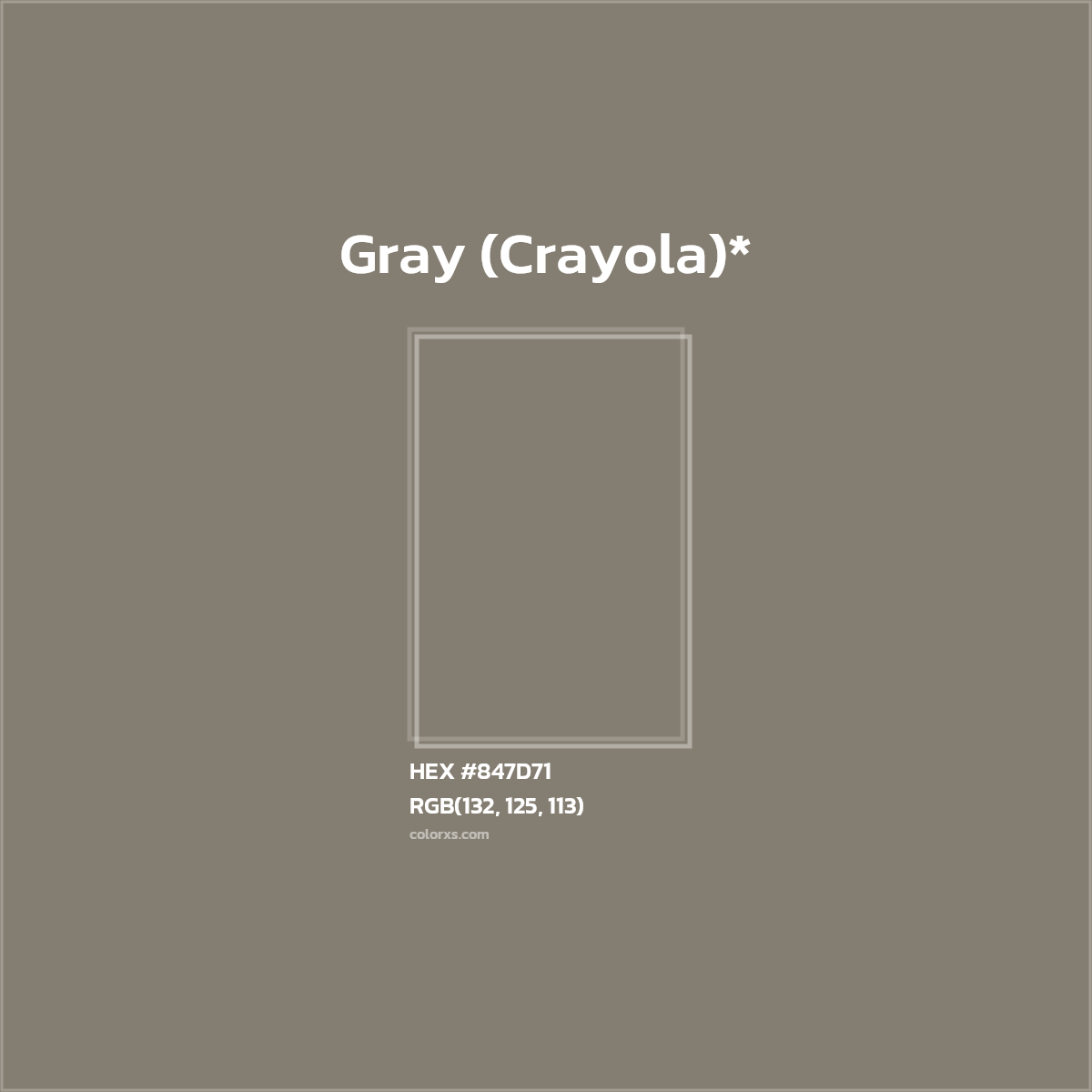 #847D71 hex color. RGB, RYB, CMYK, HSL, HSV codes and color conversions. Matching color names, palettes, paints.