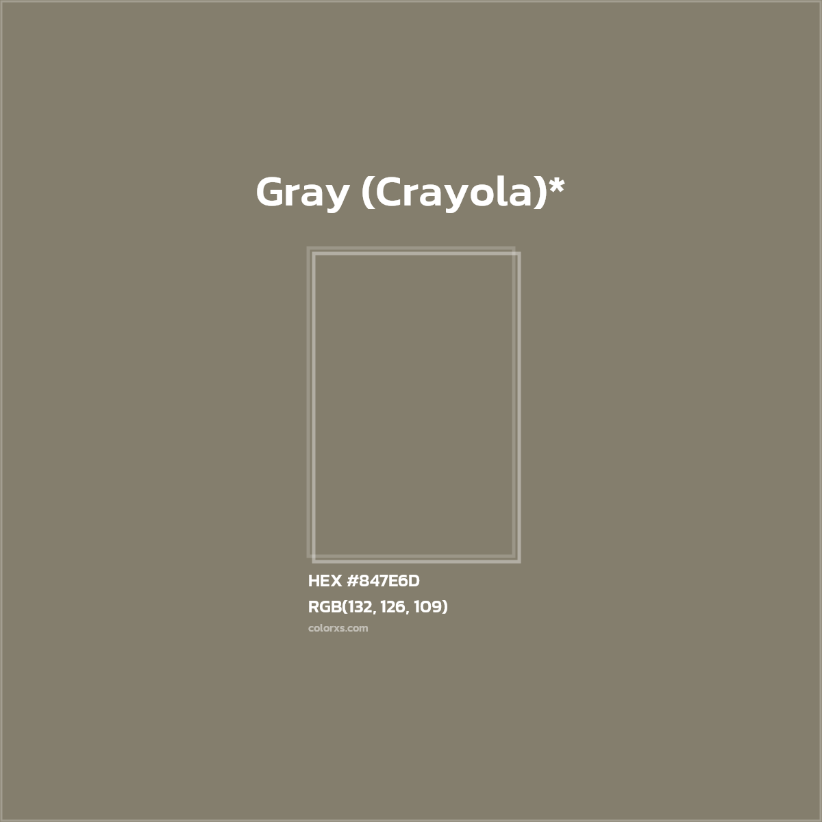 #847E6D hex color. RGB, RYB, CMYK, HSL, HSV codes and color conversions. Matching color names, palettes, paints.