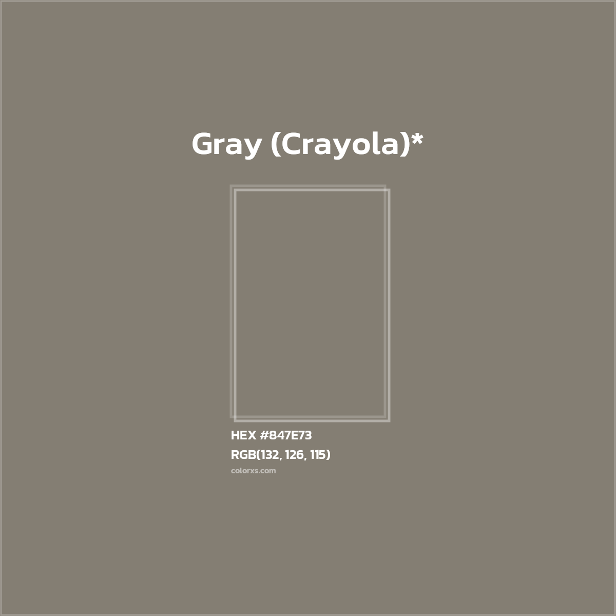 #847E73 hex color. RGB, RYB, CMYK, HSL, HSV codes and color conversions. Matching color names, palettes, paints.
