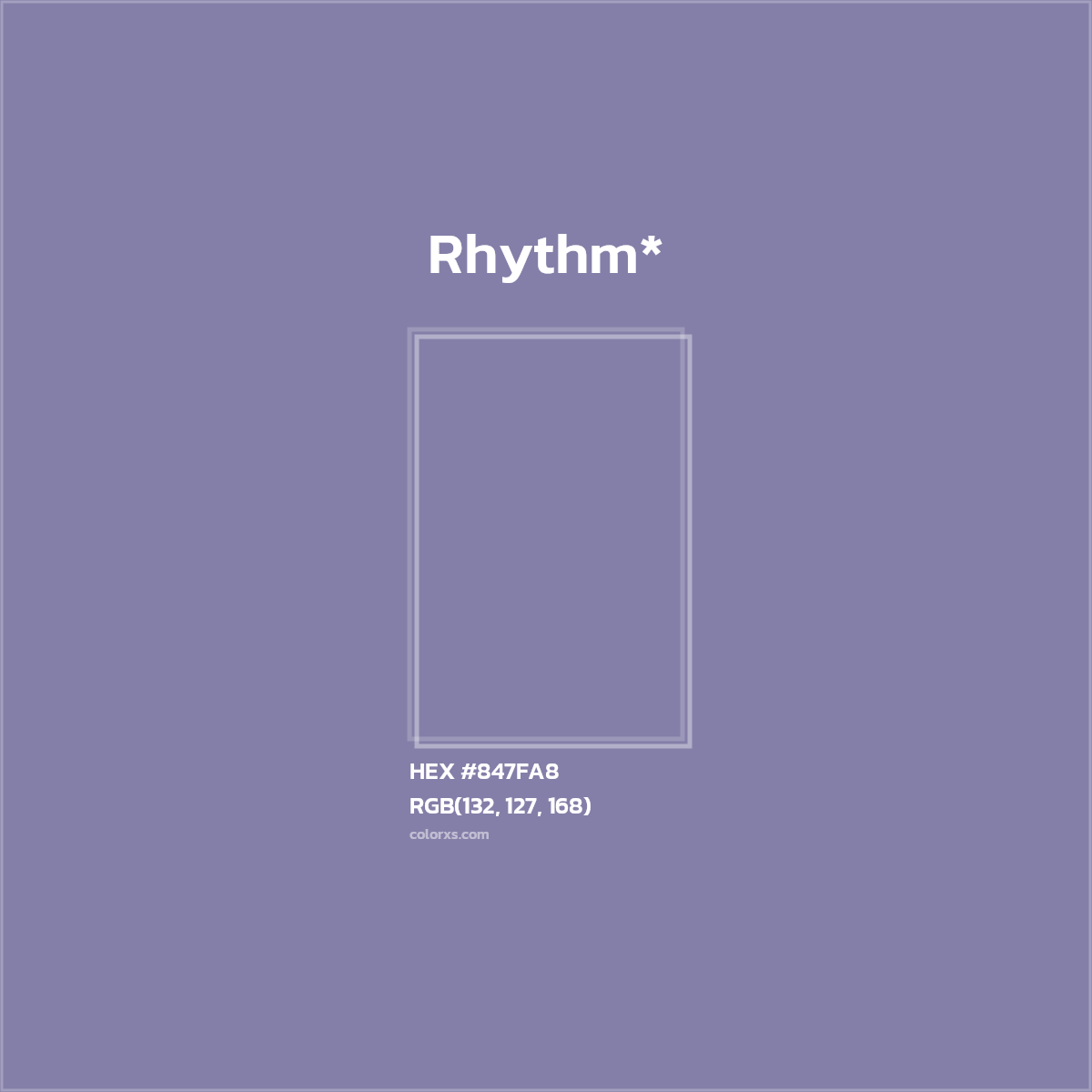 #847FA8 hex color. RGB, RYB, CMYK, HSL, HSV codes and color conversions. Matching color names, palettes, paints.