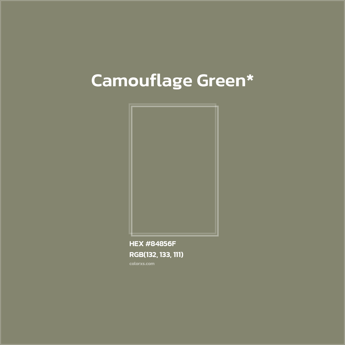#84856F hex color. RGB, RYB, CMYK, HSL, HSV codes and color conversions. Matching color names, palettes, paints.