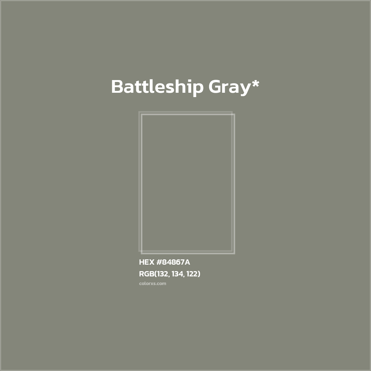 #84867A hex color. RGB, RYB, CMYK, HSL, HSV codes and color conversions. Matching color names, palettes, paints.