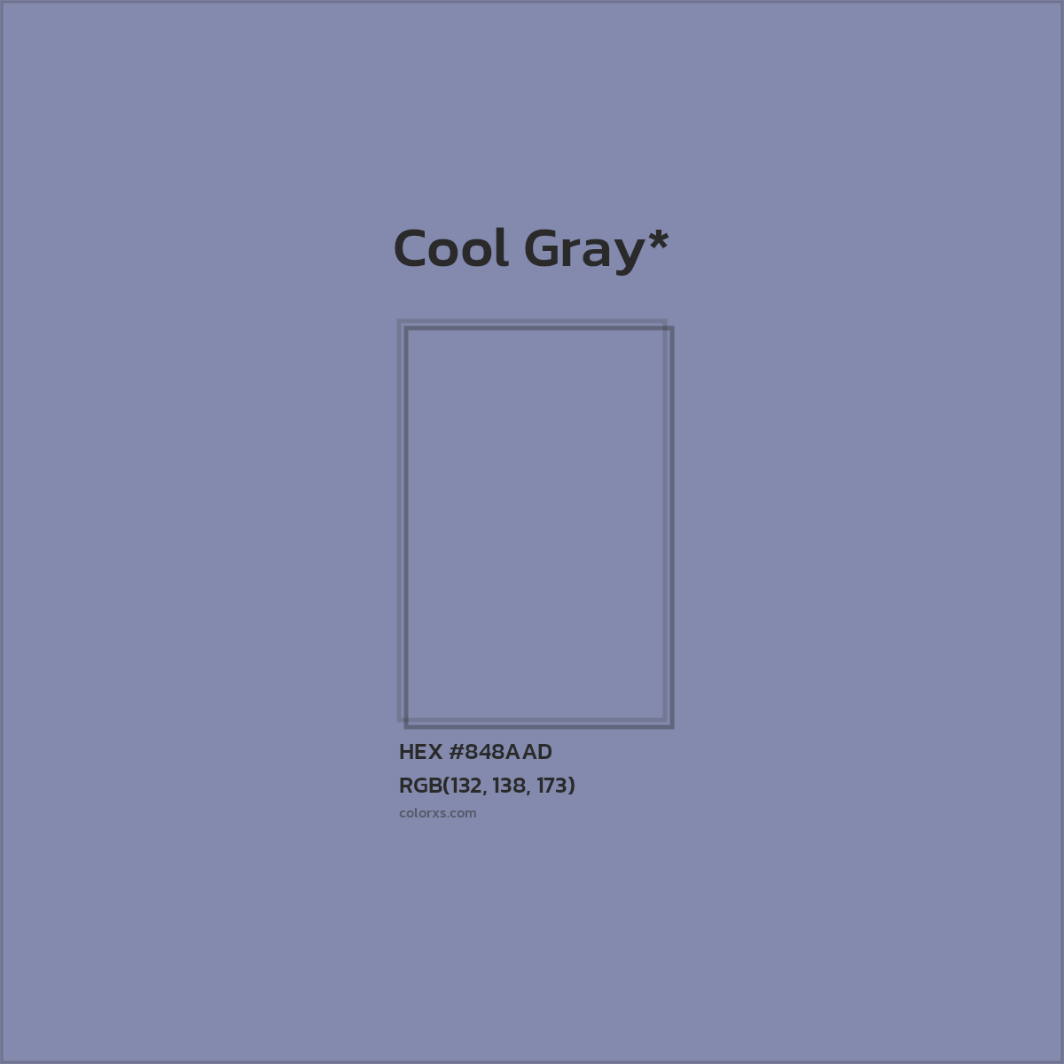 #848AAD hex color. RGB, RYB, CMYK, HSL, HSV codes and color conversions. Matching color names, palettes, paints.