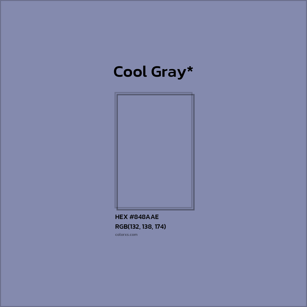 #848AAE hex color. RGB, RYB, CMYK, HSL, HSV codes and color conversions. Matching color names, palettes, paints.