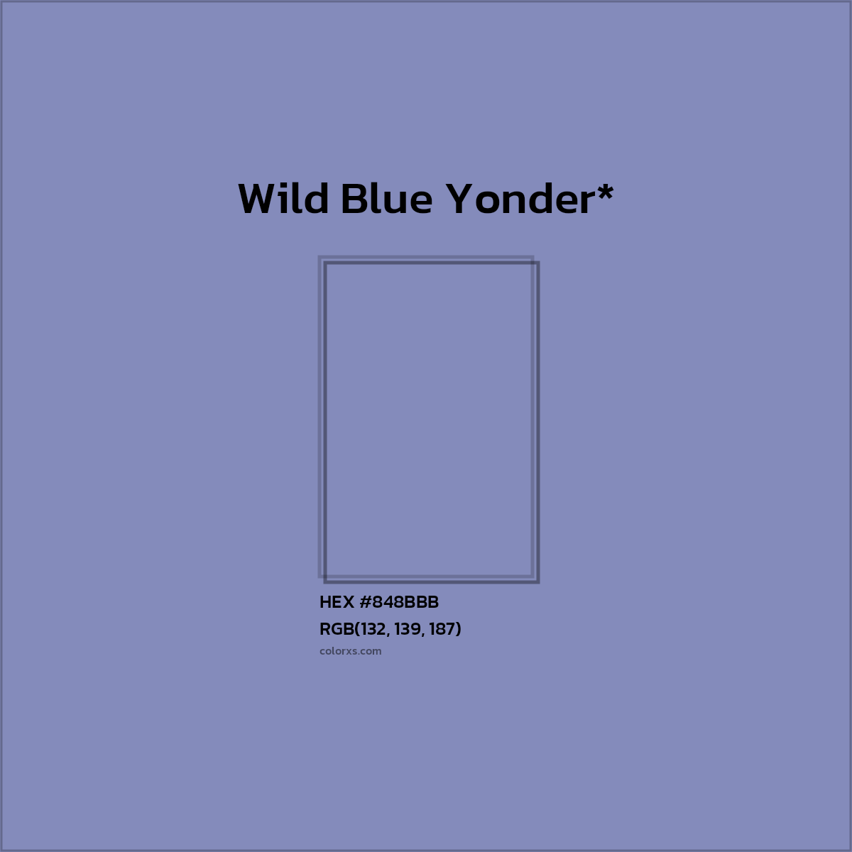 #848BBB hex color. RGB, RYB, CMYK, HSL, HSV codes and color conversions. Matching color names, palettes, paints.
