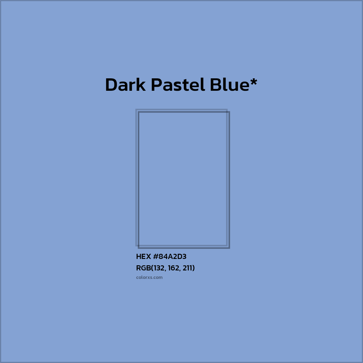 #84A2D3 hex color. RGB, RYB, CMYK, HSL, HSV codes and color conversions. Matching color names, palettes, paints.