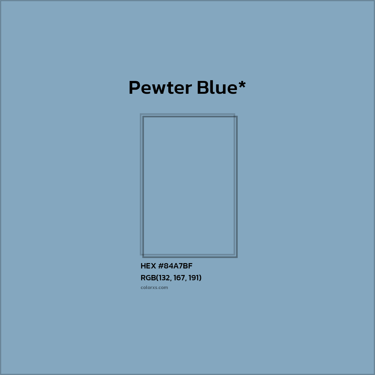 #84A7BF hex color. RGB, RYB, CMYK, HSL, HSV codes and color conversions. Matching color names, palettes, paints.