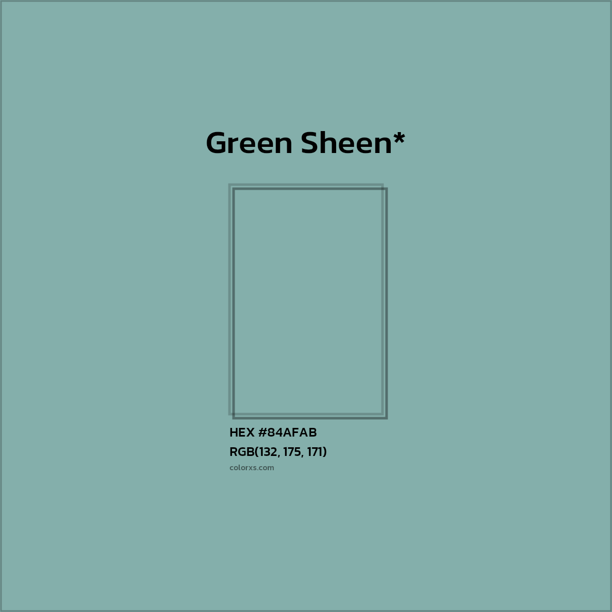#84AFAB hex color. RGB, RYB, CMYK, HSL, HSV codes and color conversions. Matching color names, palettes, paints.