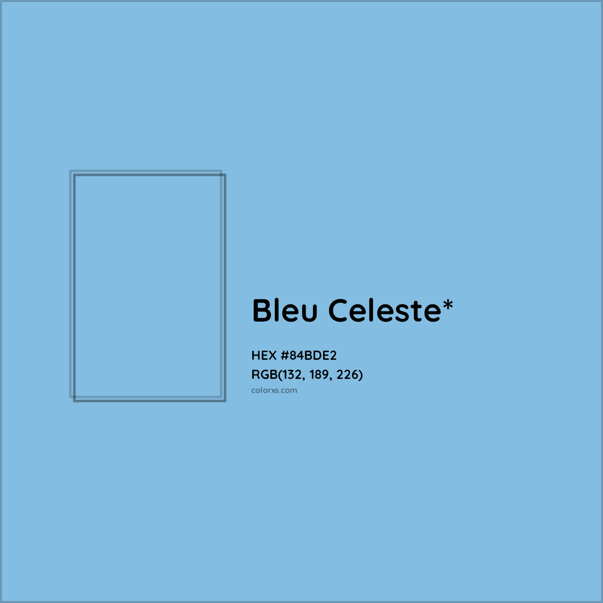 #84BDE2 hex color. RGB, RYB, CMYK, HSL, HSV codes and color conversions. Matching color names, palettes, paints.