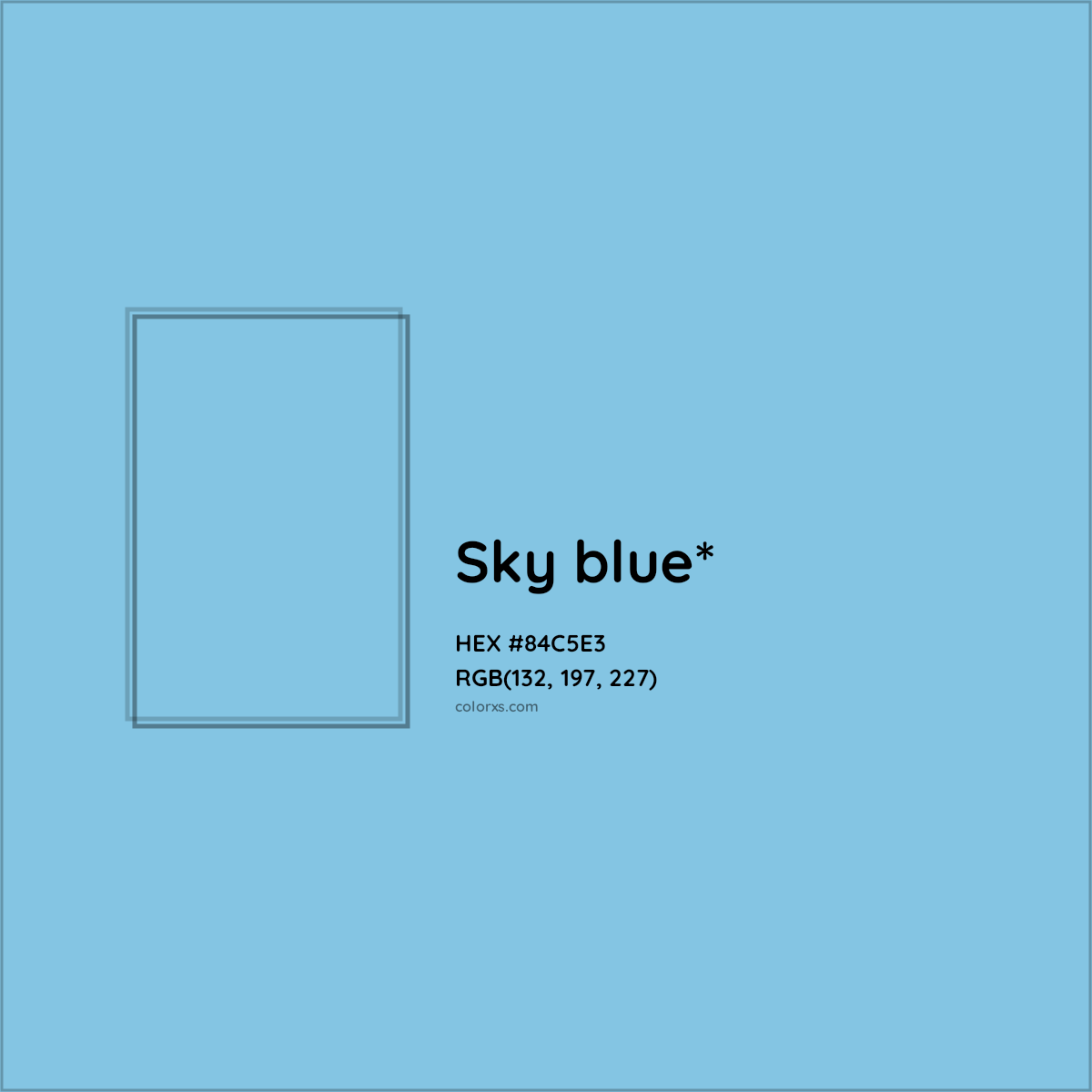 #84C5E3 hex color. RGB, RYB, CMYK, HSL, HSV codes and color conversions. Matching color names, palettes, paints.