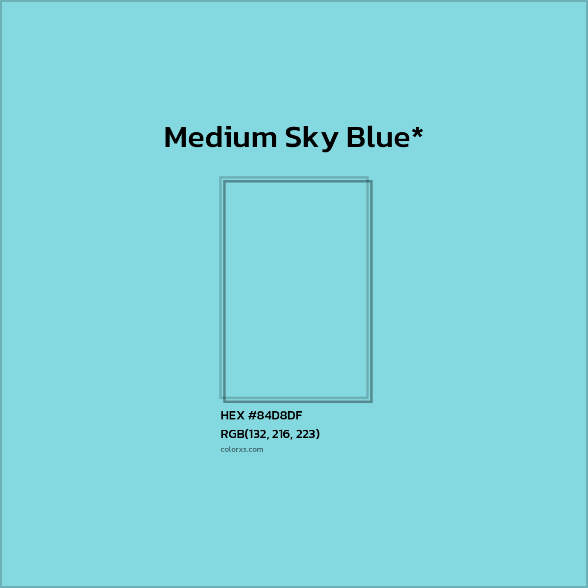 #84D8DF hex color. RGB, RYB, CMYK, HSL, HSV codes and color conversions. Matching color names, palettes, paints.