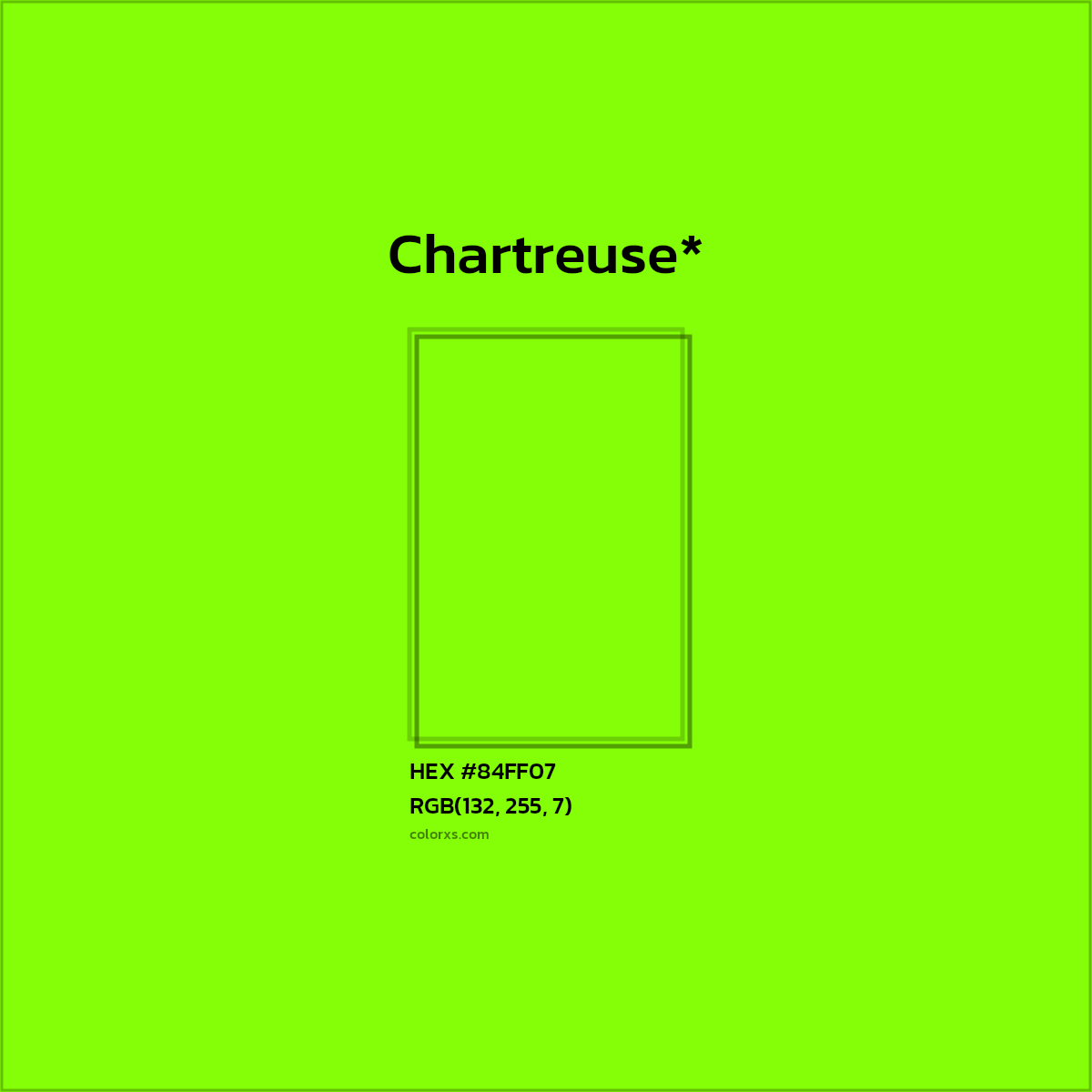 #84FF07 hex color. RGB, RYB, CMYK, HSL, HSV codes and color conversions. Matching color names, palettes, paints.