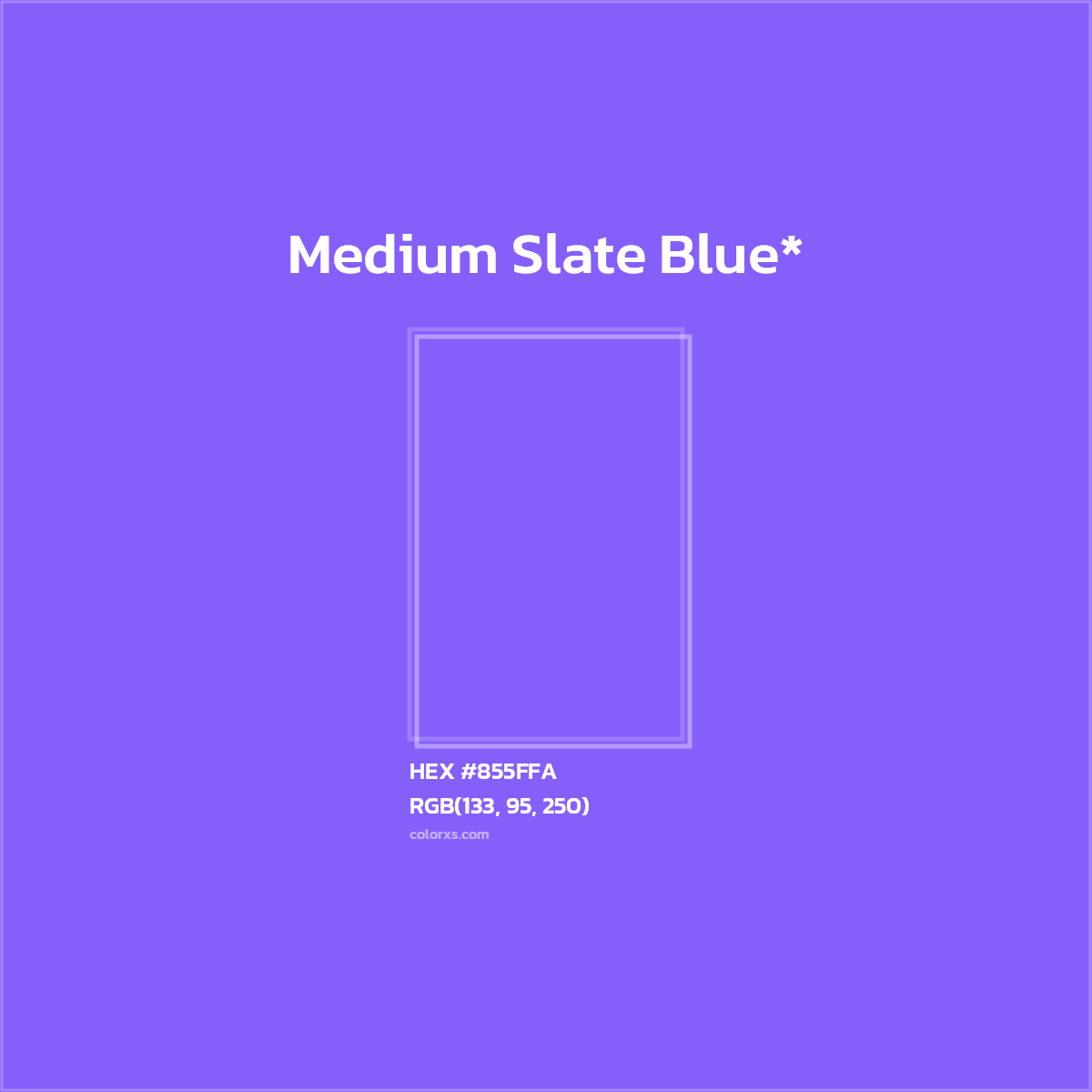 #855FFA hex color. RGB, RYB, CMYK, HSL, HSV codes and color conversions. Matching color names, palettes, paints.
