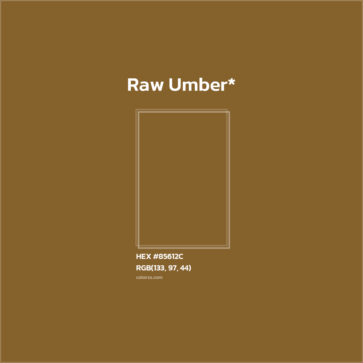 #85612C hex color. RGB, RYB, CMYK, HSL, HSV codes and color conversions. Matching color names, palettes, paints.