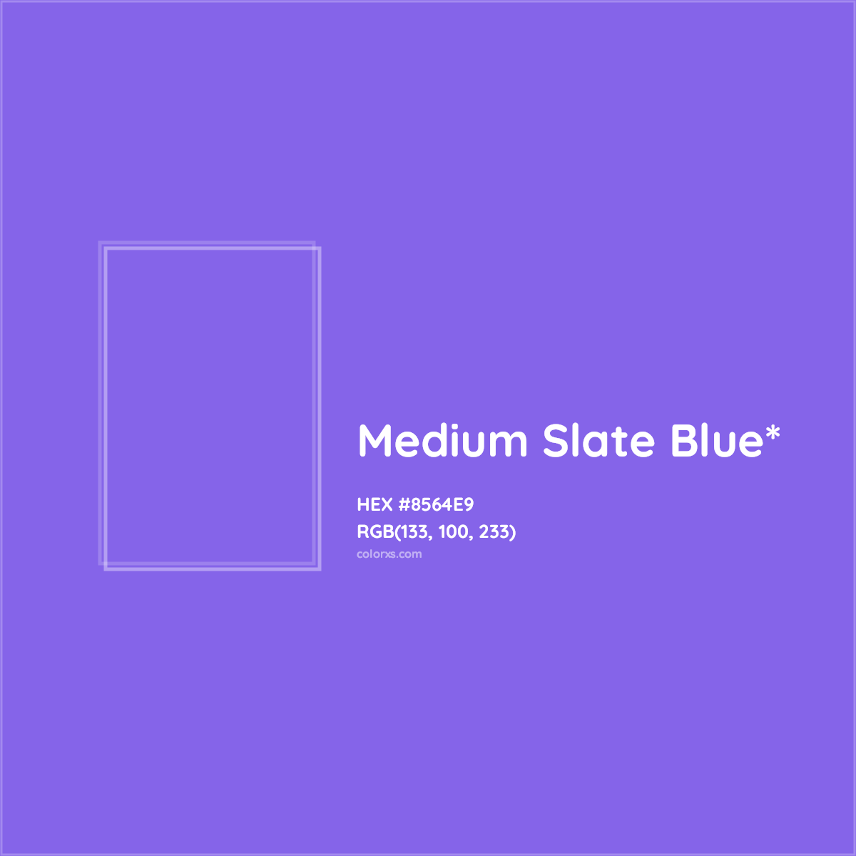 #8564E9 hex color. RGB, RYB, CMYK, HSL, HSV codes and color conversions. Matching color names, palettes, paints.