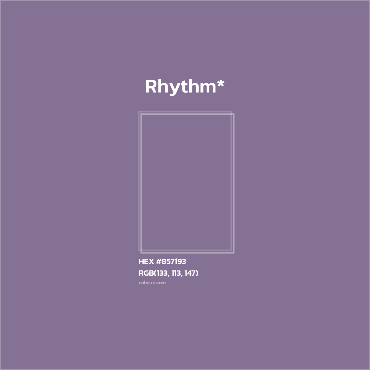 #857193 hex color. RGB, RYB, CMYK, HSL, HSV codes and color conversions. Matching color names, palettes, paints.