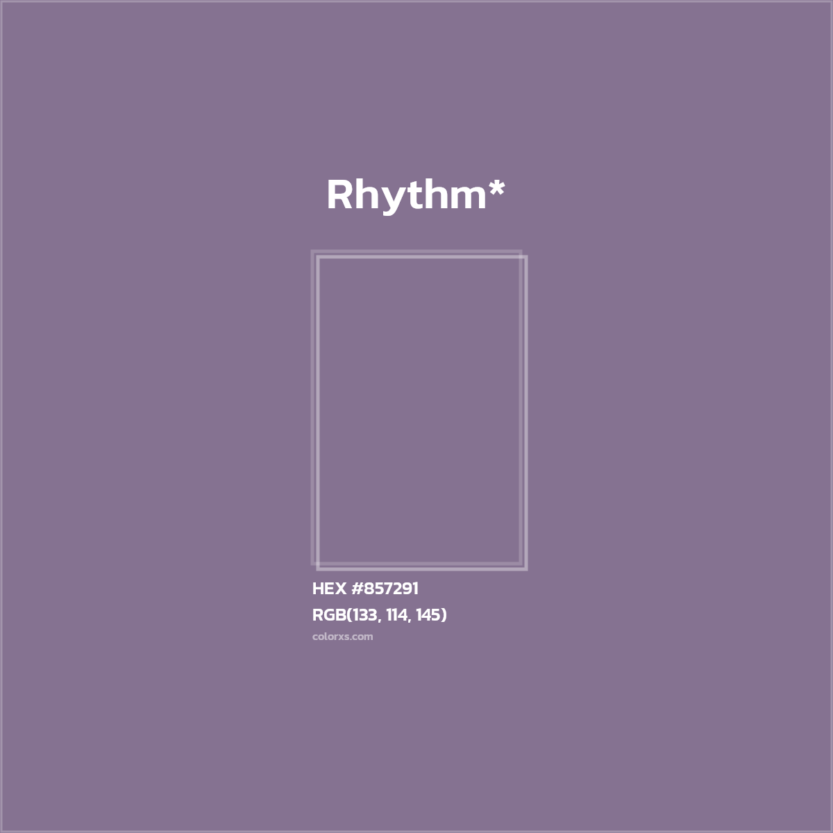 #857291 hex color. RGB, RYB, CMYK, HSL, HSV codes and color conversions. Matching color names, palettes, paints.