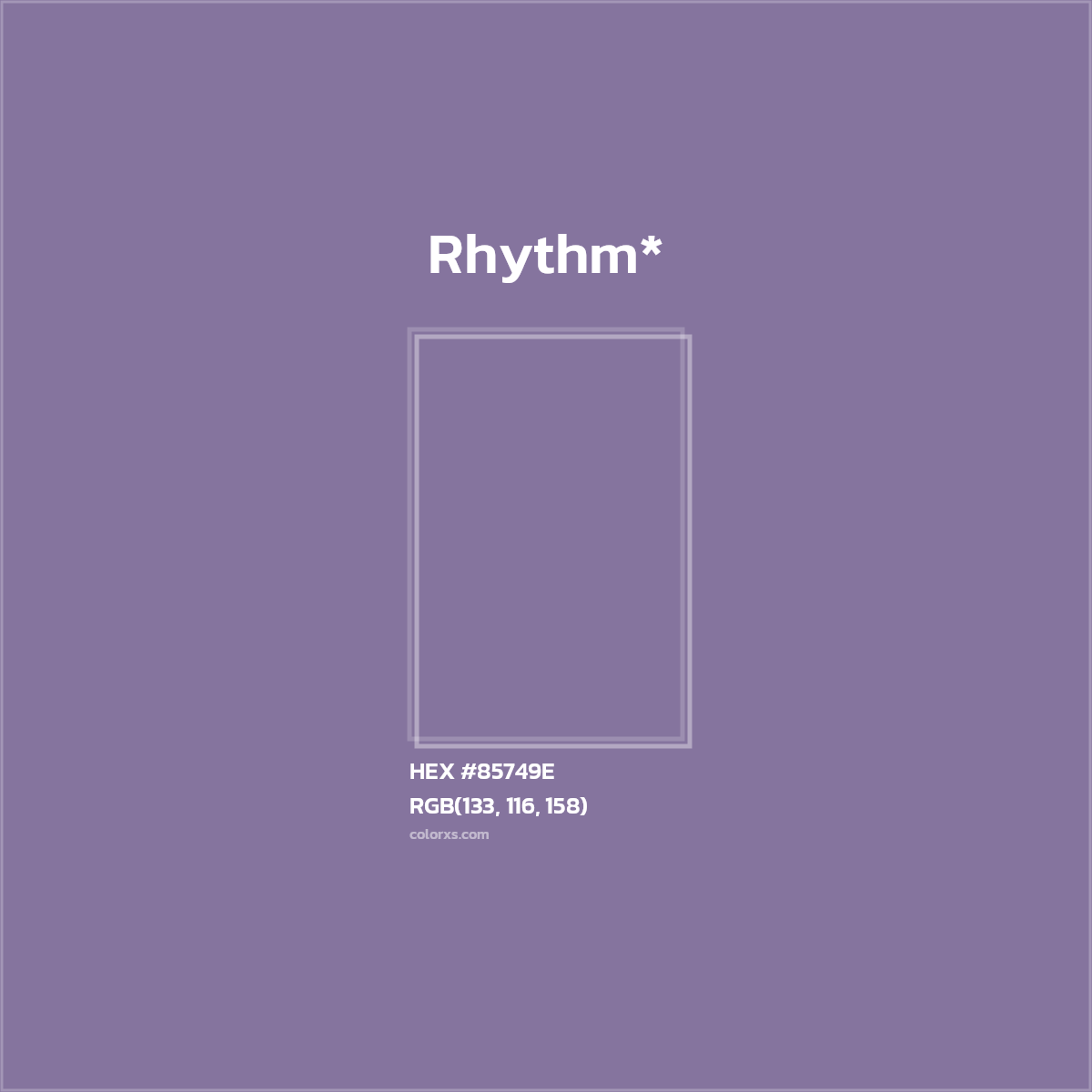 #85749E hex color. RGB, RYB, CMYK, HSL, HSV codes and color conversions. Matching color names, palettes, paints.