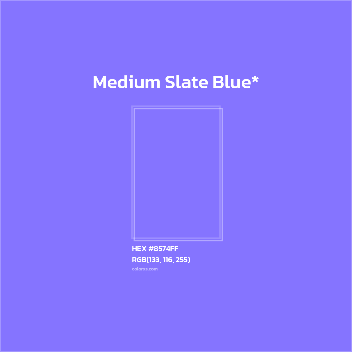 #8574FF hex color. RGB, RYB, CMYK, HSL, HSV codes and color conversions. Matching color names, palettes, paints.