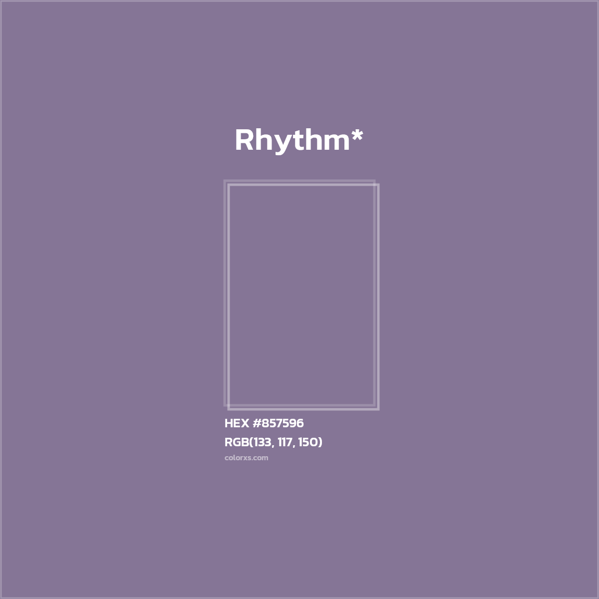 #857596 hex color. RGB, RYB, CMYK, HSL, HSV codes and color conversions. Matching color names, palettes, paints.