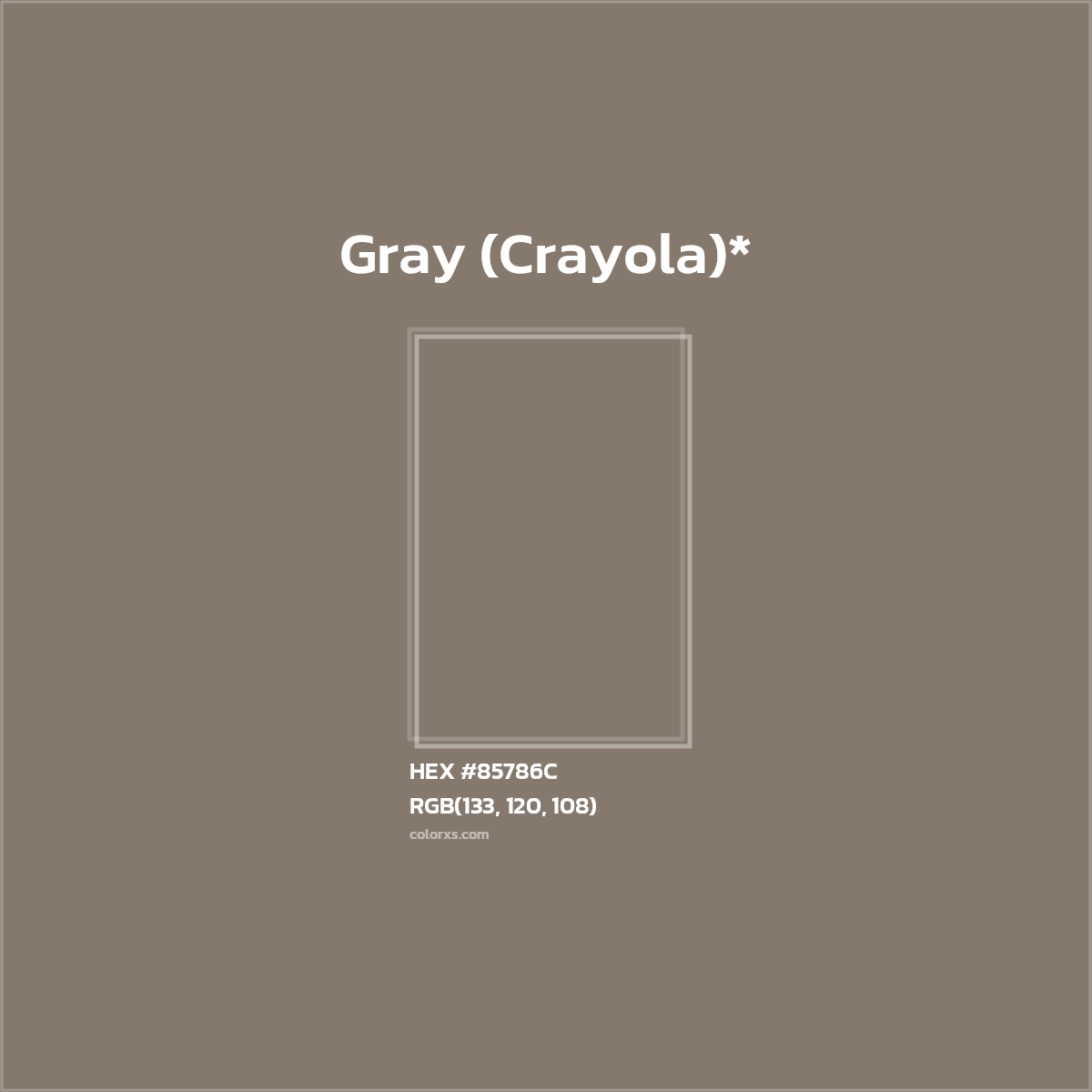 #85786C hex color. RGB, RYB, CMYK, HSL, HSV codes and color conversions. Matching color names, palettes, paints.