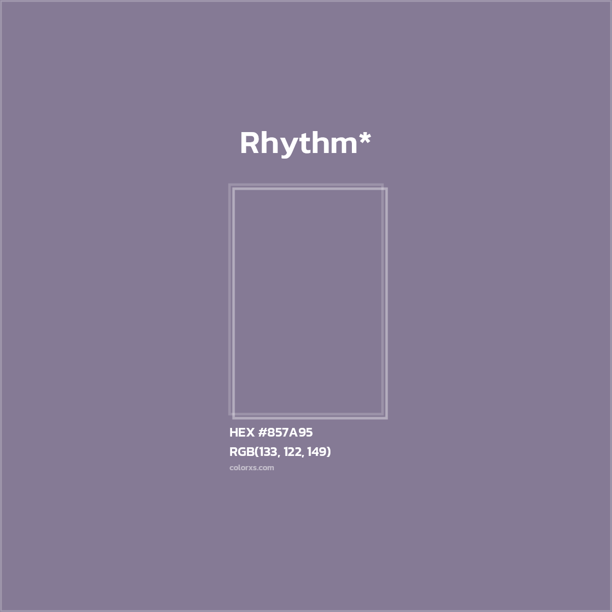 #857A95 hex color. RGB, RYB, CMYK, HSL, HSV codes and color conversions. Matching color names, palettes, paints.