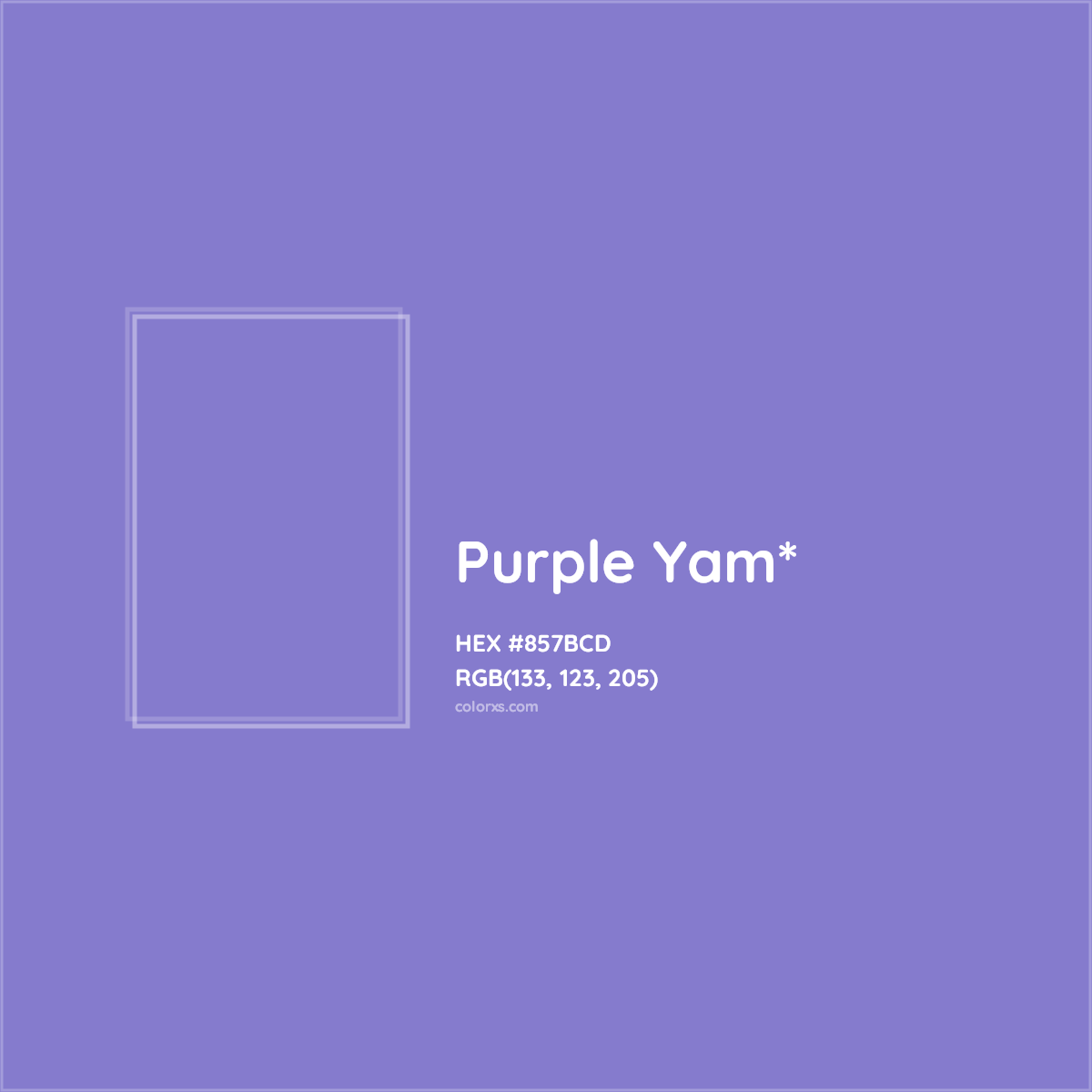 #857BCD hex color. RGB, RYB, CMYK, HSL, HSV codes and color conversions. Matching color names, palettes, paints.