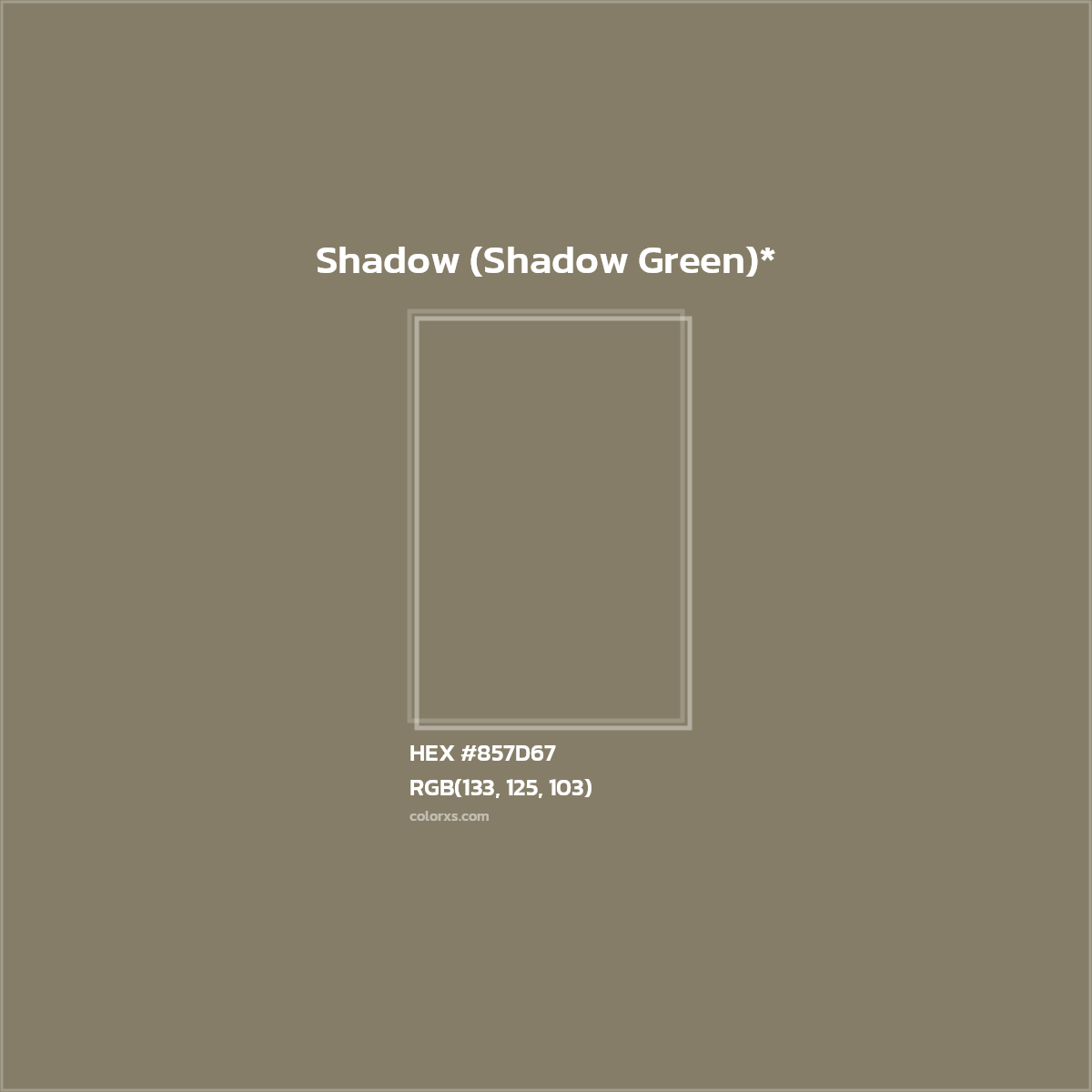 #857D67 hex color. RGB, RYB, CMYK, HSL, HSV codes and color conversions. Matching color names, palettes, paints.