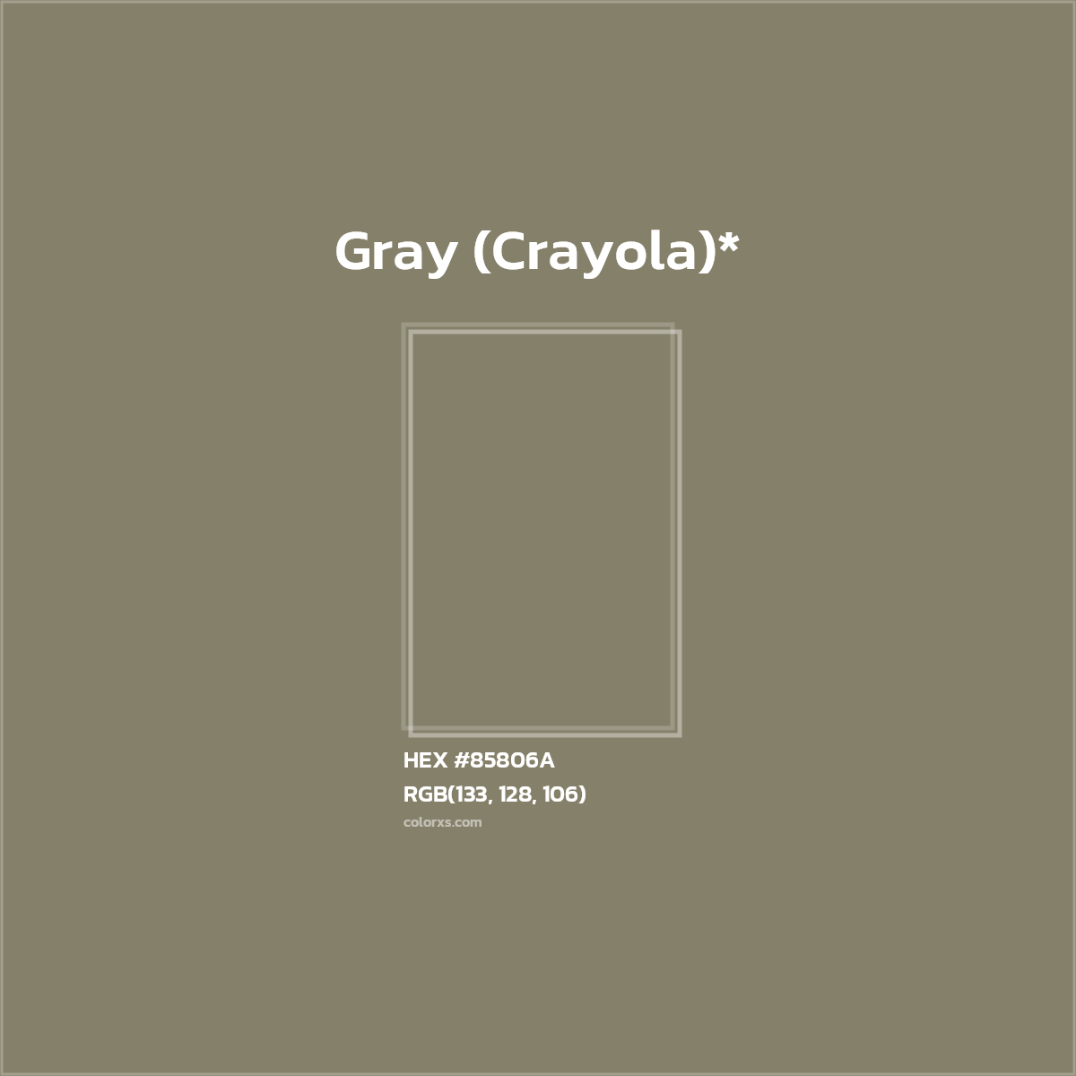 #85806A hex color. RGB, RYB, CMYK, HSL, HSV codes and color conversions. Matching color names, palettes, paints.