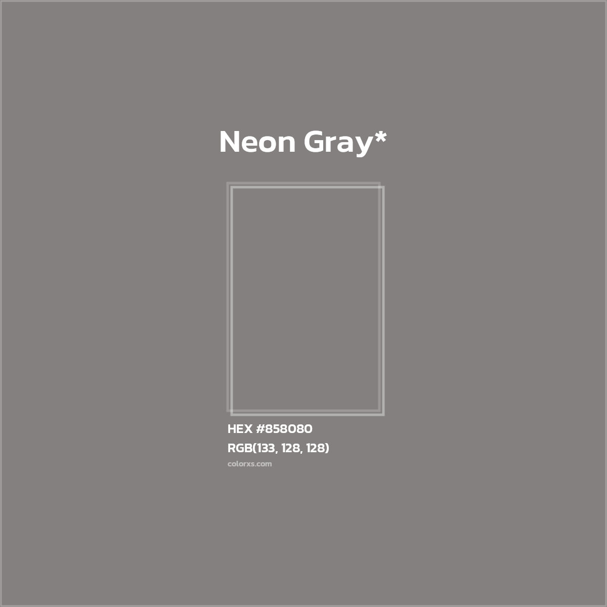 #858080 hex color. RGB, RYB, CMYK, HSL, HSV codes and color conversions. Matching color names, palettes, paints.