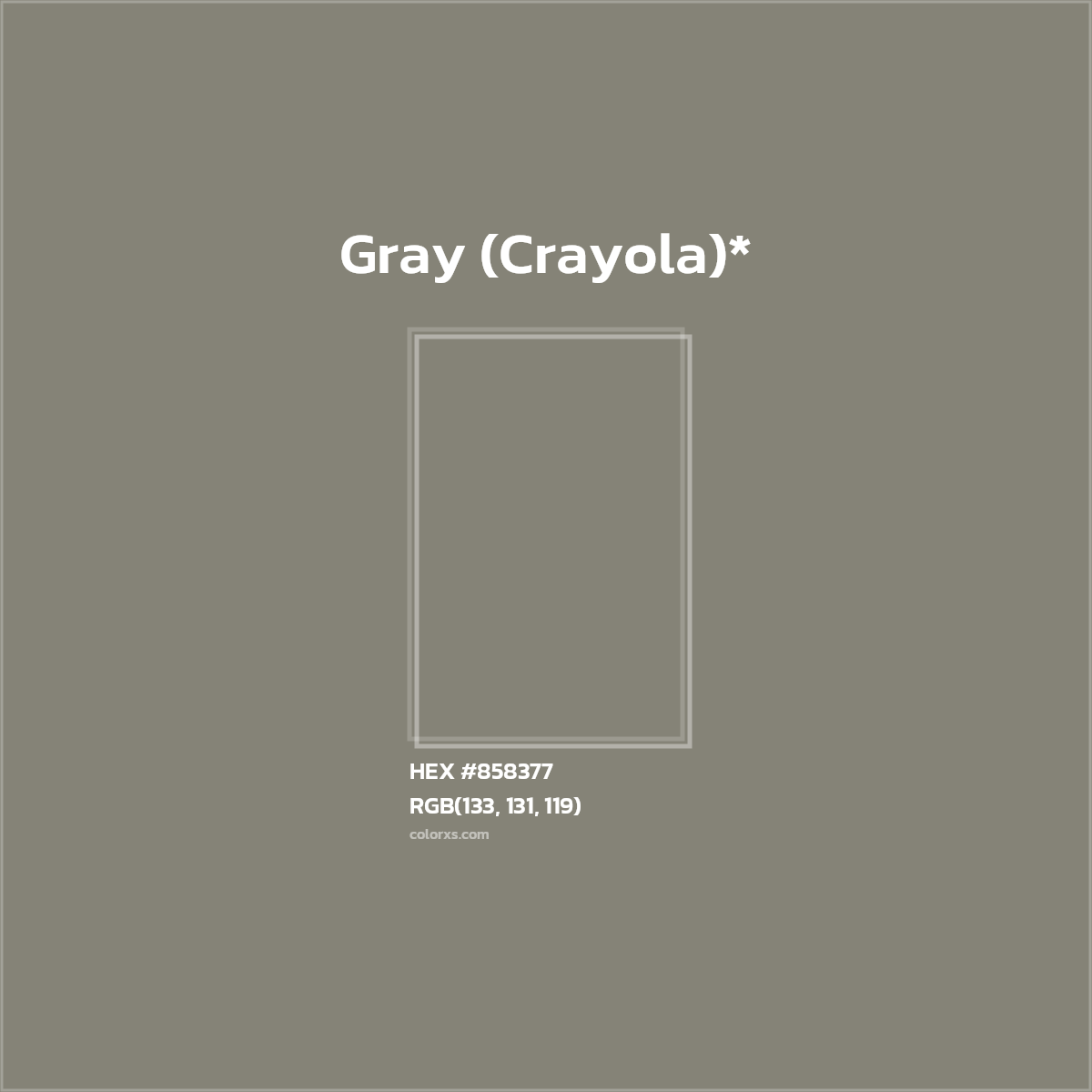 #858377 hex color. RGB, RYB, CMYK, HSL, HSV codes and color conversions. Matching color names, palettes, paints.